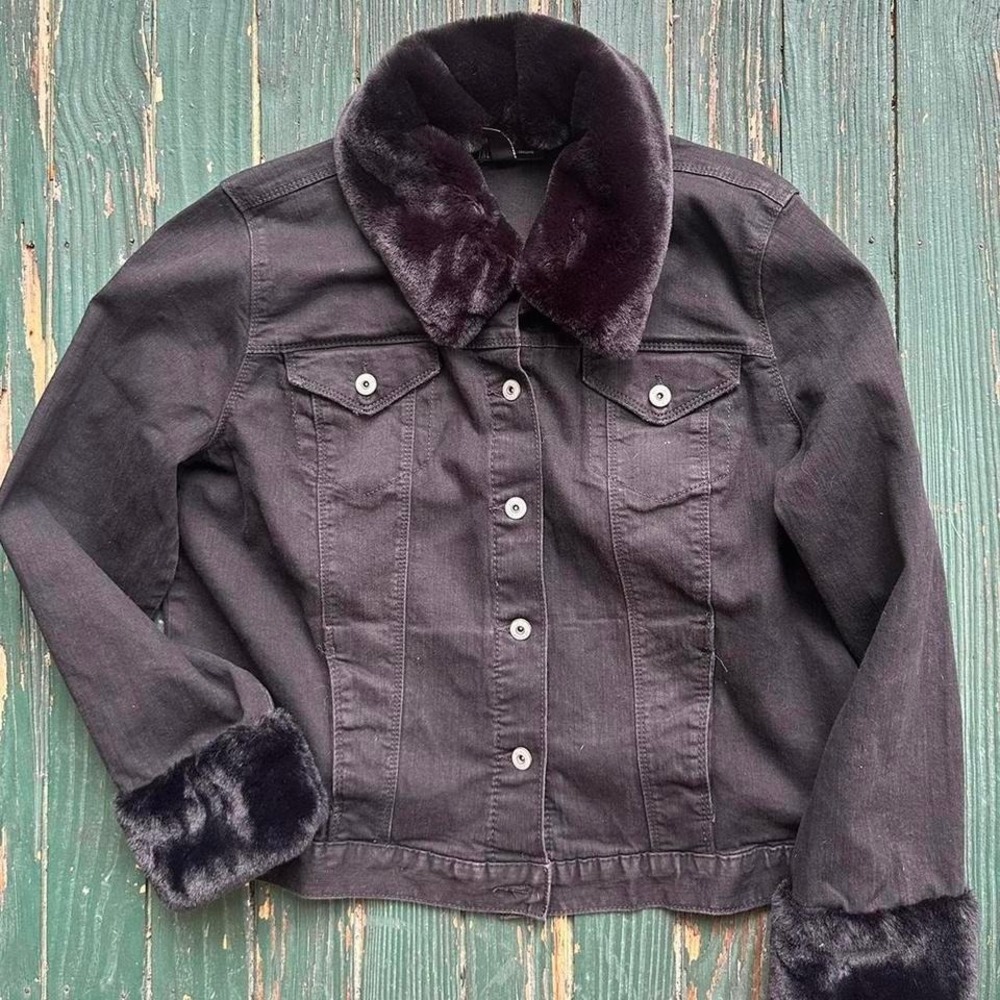 Inc Black denim jacket with faux fur collar jacket‎